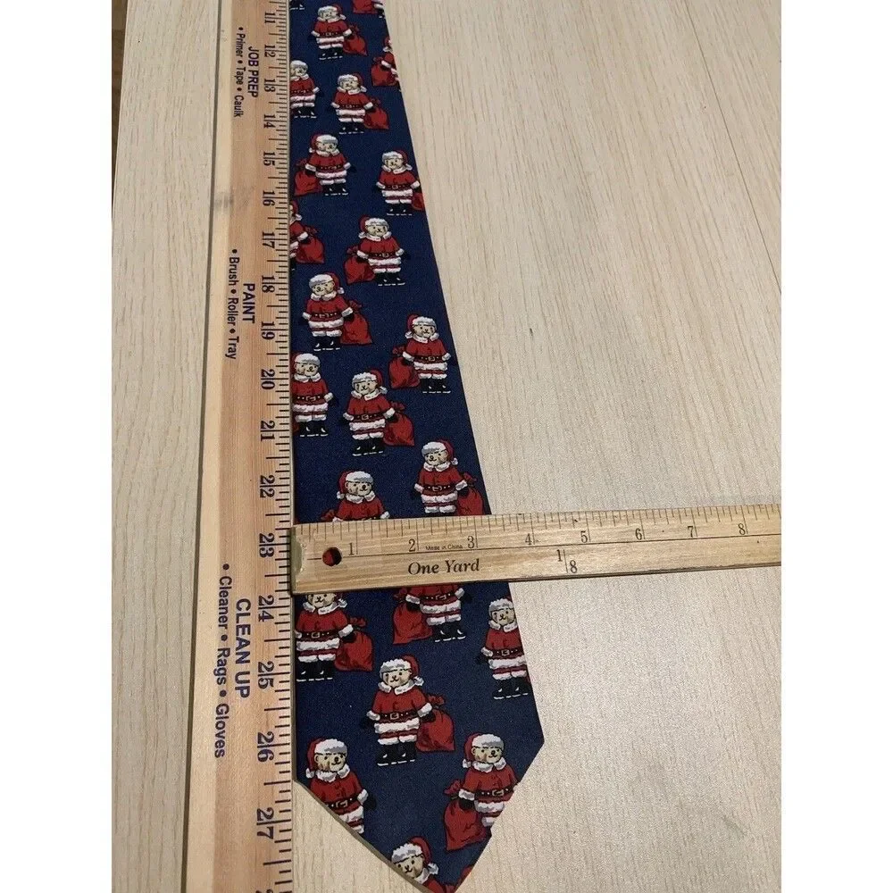 Renaissance Santa Teddy Bear Christmas Tie Blue Print Amals Hand Made Used